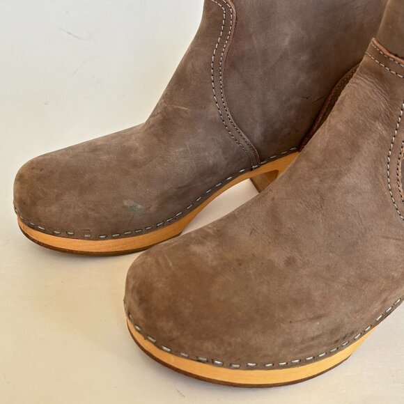 Swedish Hasbeens Boots Heel Zip It Emy Clog Toffel Ankle Taupe Tan Suede 38 8 - Picture 13 of 14